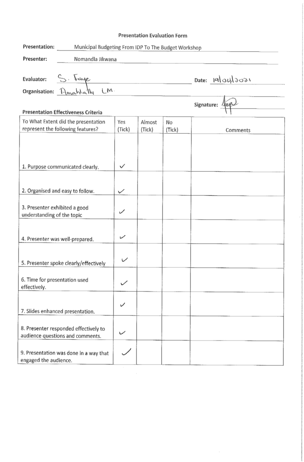 Evaluation Form - Amahlathi Faye - 19April21