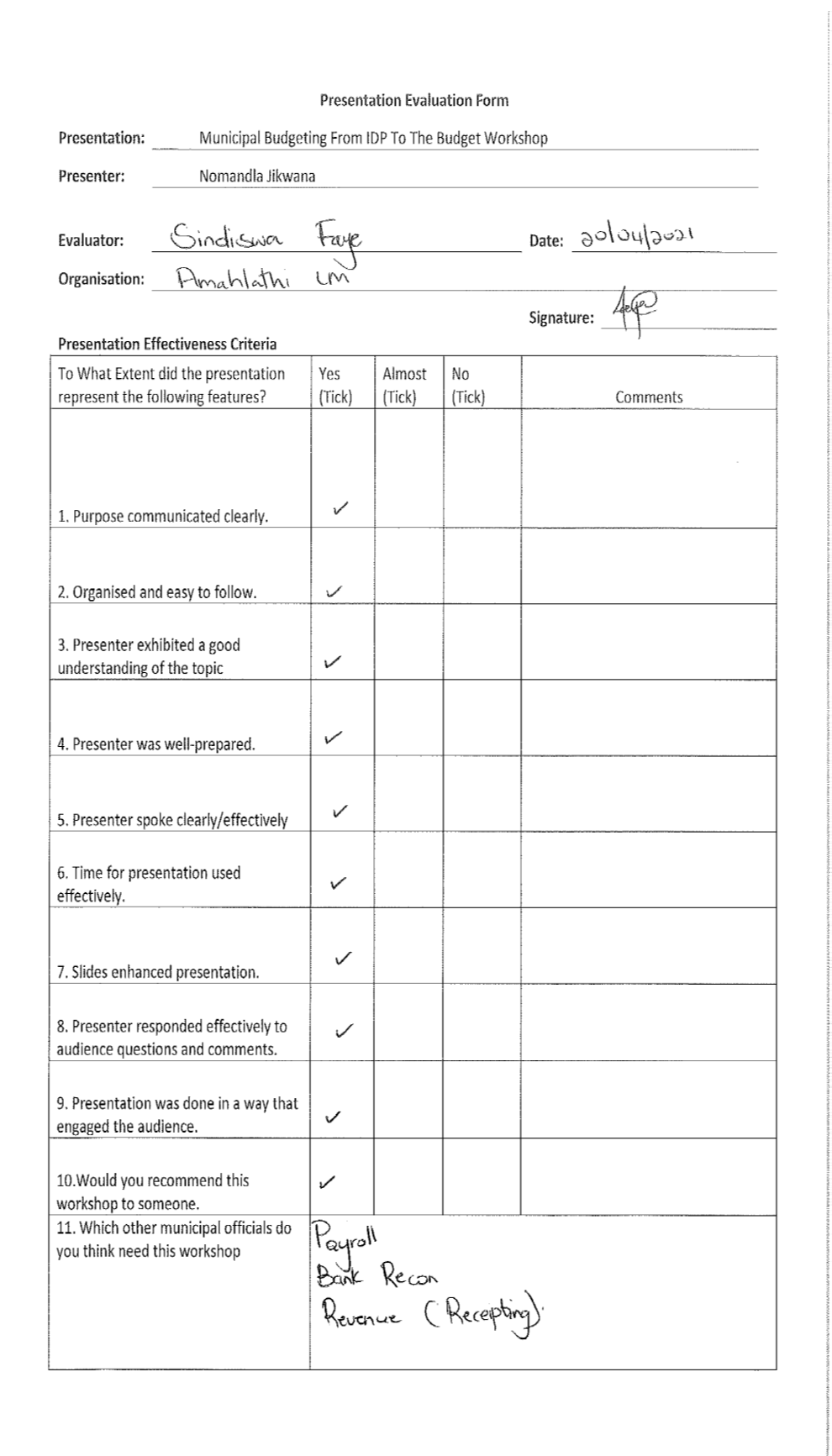 Evaluation Form - Amahlathi Faye - 20April21