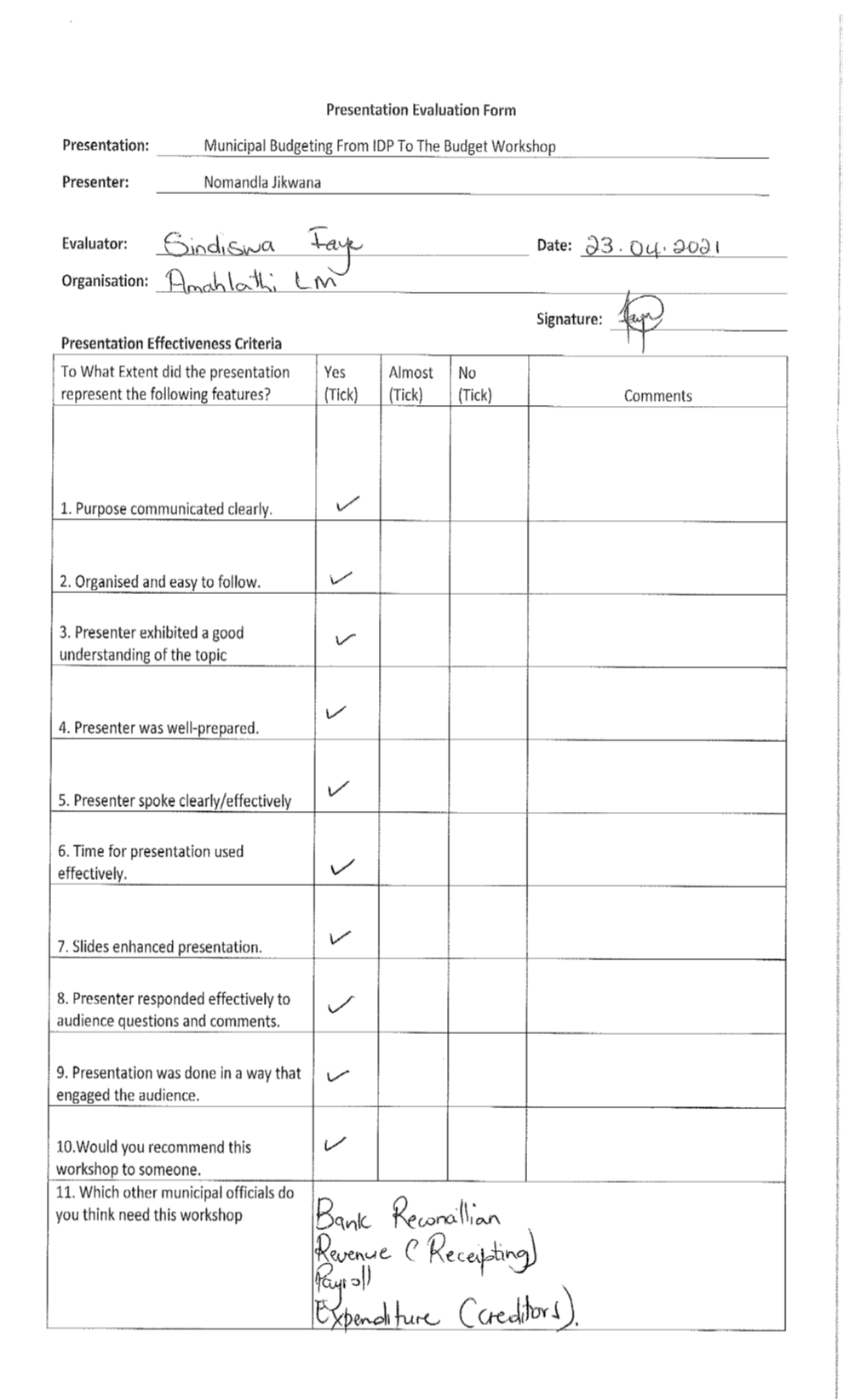 Evaluation Form - Amahlathi Faye - 23April21