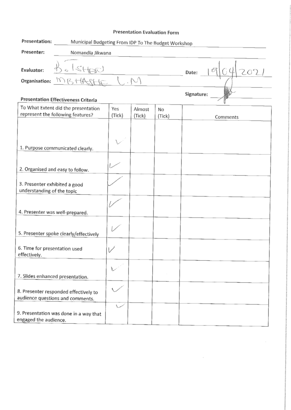 Evaluation Form - Mbashe Tshefu - 19April21