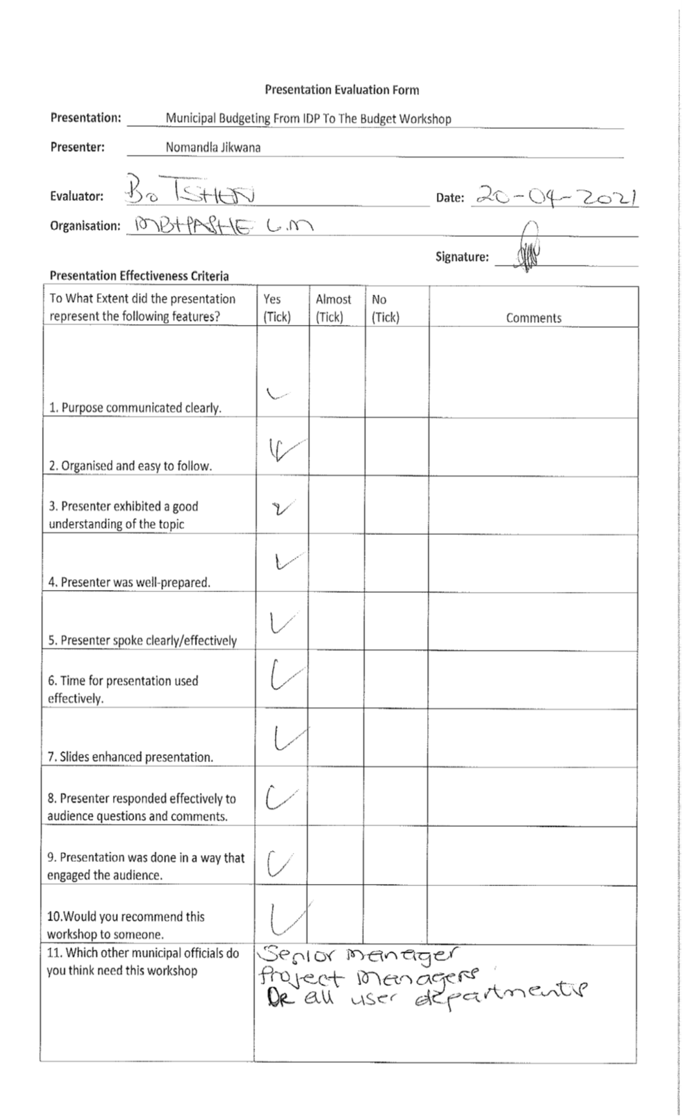 Evaluation Form - Mbashe Tshefu - 20April21