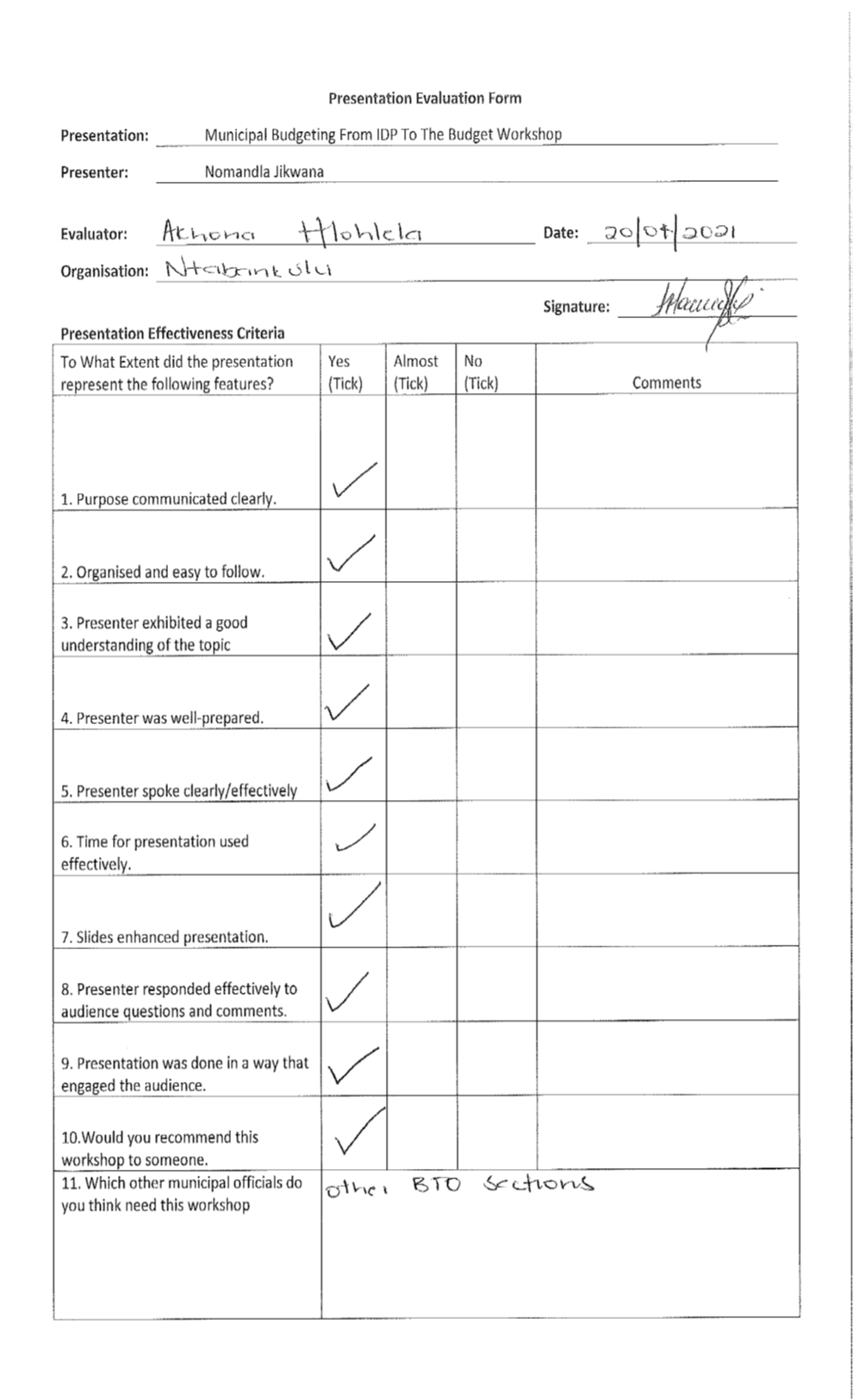 Evaluation Form - Ntabankulu Hlohlela - 20April21