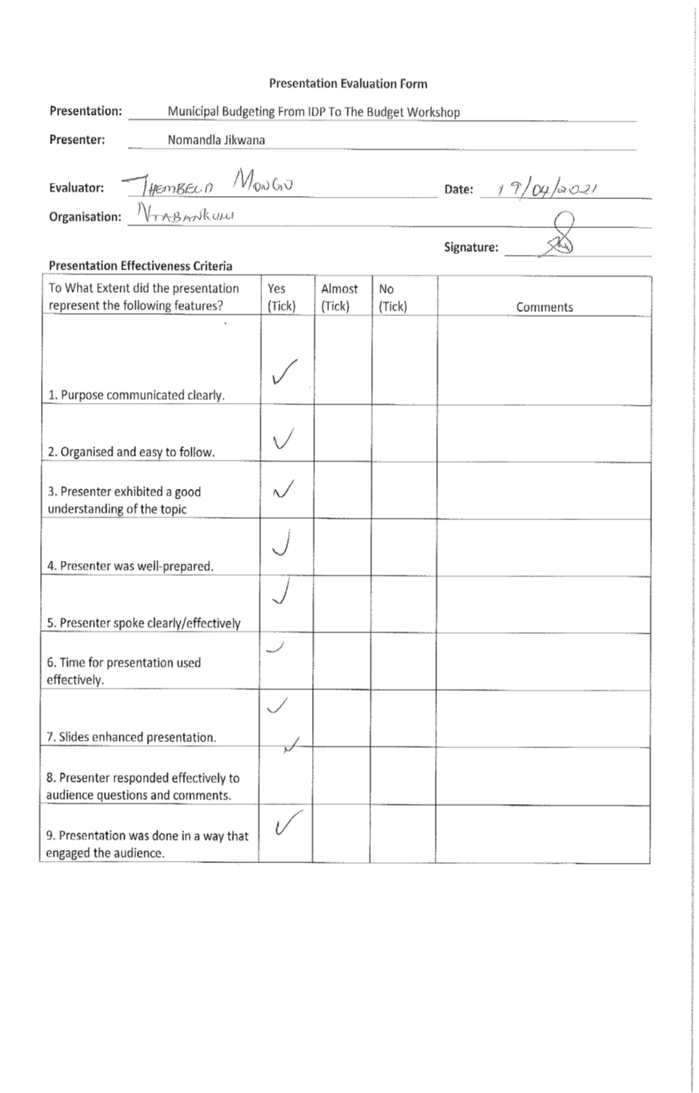 Evaluation Form - Ntabankulu Mongo - 19April21